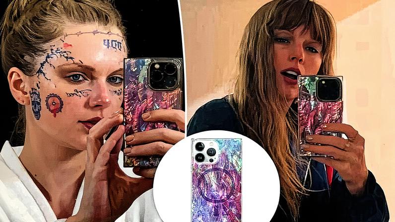 Taylor Swift has carried Flaunt's distinctive square-shaped phone cases for years. Taylor Swift/YouTube; Taylor Swift /TikTok; Flaunt