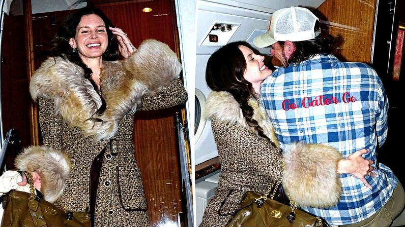 Lana Del Rey wore a faux fur-trimmed Valentino coat and quilted Panthea bag while boarding a private jet with husband Jeremy Dufrene. Instagram/@honeymoon