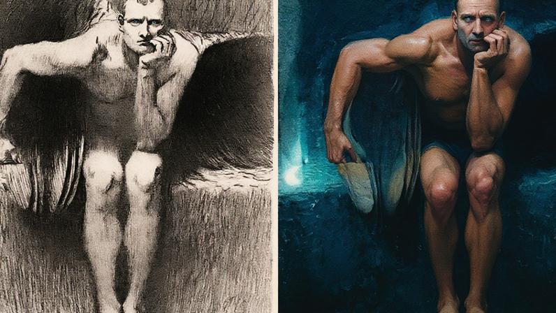 O rascunho de "Lúcifer" (1890), à esquerda, e o quadro final, à direita. (Swann Galleries/wikiart/Montagem sobre reprodução)