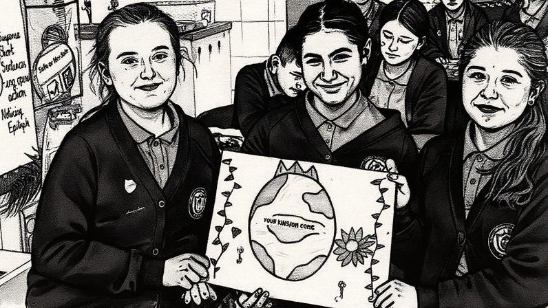 Estudantes que participaram da Oração do Pai Nosso seguram placa Venha o Teu Reino. (Foto: Faith in the North)