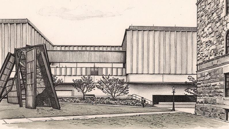 The west façade of the Princeton museum—with Doug and Mike Starn’s (Any) Body Oddly Propped (2015)—which replaced a 19th-century building demolished in 2021