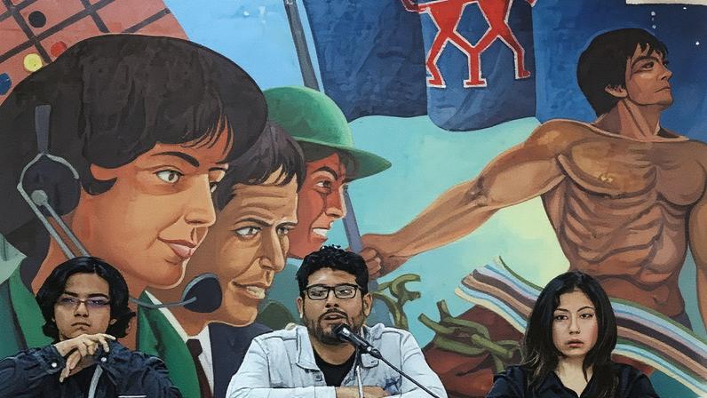 ‘This is a dictatorship disguised as a democracy,’ said Jorge Calmet of Generation Z Collective, flanked by Leandro Pacheco and Milagros Rojas, at a press conference in Lima, Peru.