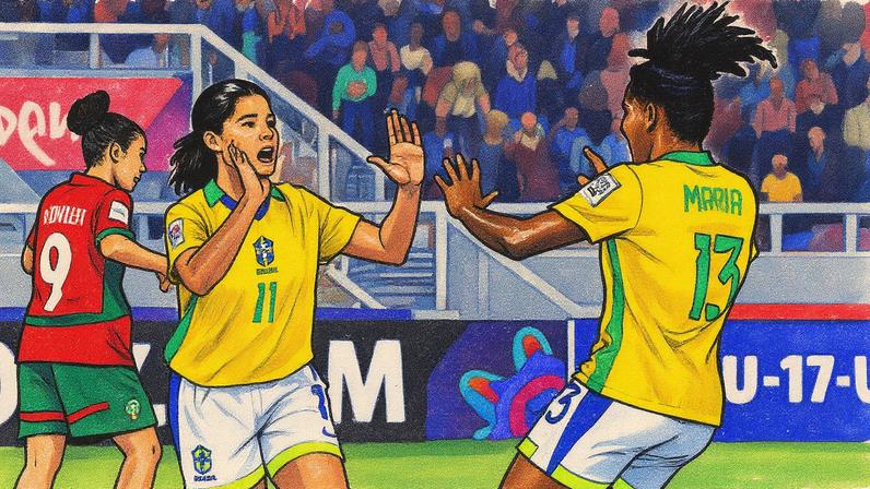 Giovanna Waksman comemora seu gol com a atacante Maria no jogo contra o Marrocos — Foto: EFE/EPA/JALAL MORCHIDI