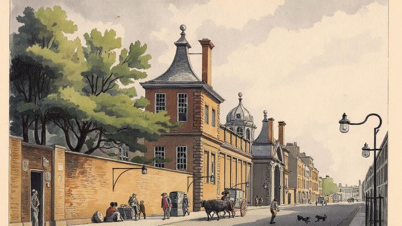 Michael Angelo Rooker’s 1778 drawing of the gateway of Montagu House, the first site of the British Museum © The Trustees of the British Museum