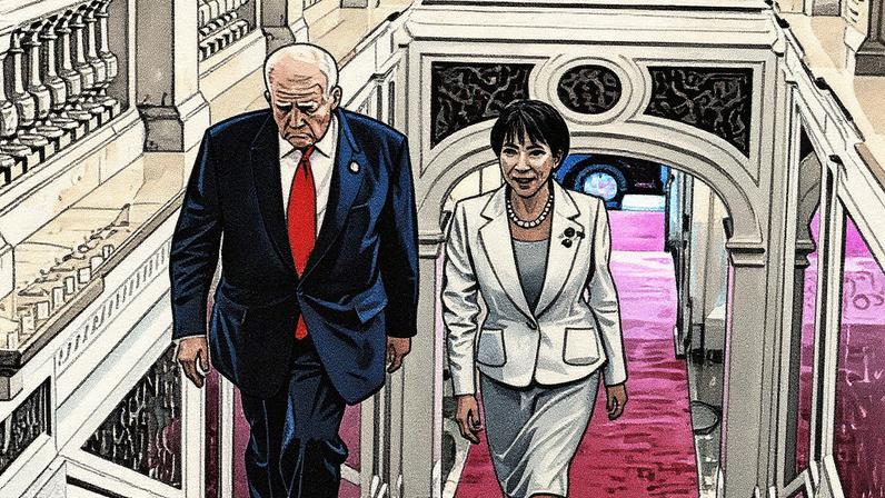 Japan's prime minister Sanae Takaichi walks with US president Donald Trump upon his arrival at the Akasaka State Guest House in Tokyo