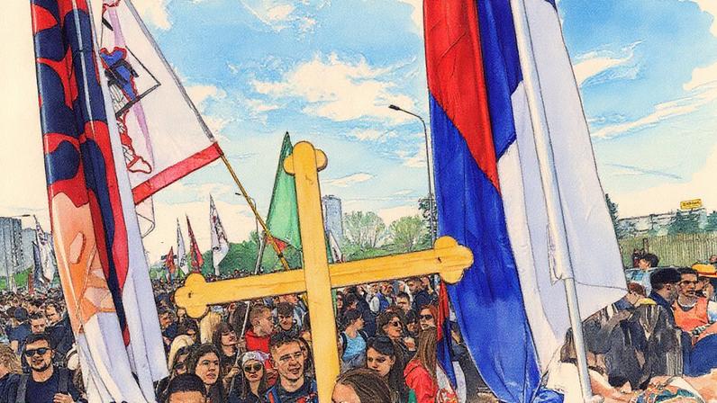 Demonstrators in Belgrade join a 16-day cross-country march to Novi Sad, where the fatal collapse of a railway station canopy in November 2024 sparked anti-government protests that have persisted since.