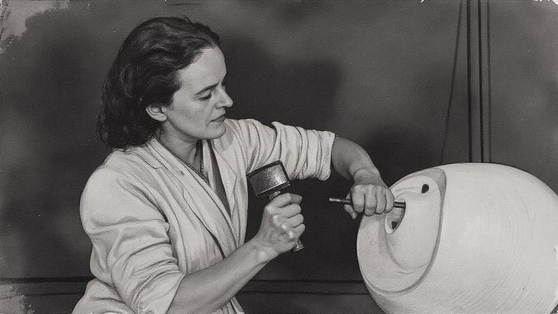 Barbara Hepworth at work on the stone carving Eidos (1947-48). Taken in her studio in St Ives, Cornwall © Bowness