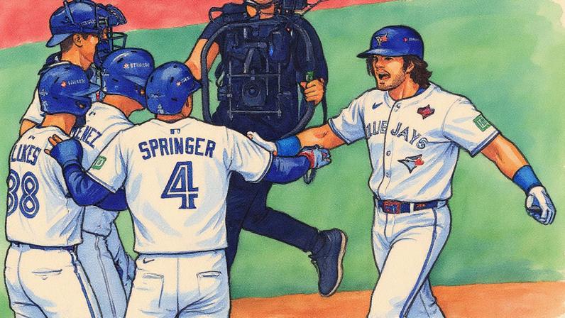 Toronto Blue Jays player Addison Barger (right) is greeted by teammates after hitting a grand slam home run in the first game of the 2025 World Series against the Los Angeles Dodgers on Friday 24 October Photo by Aaron Josefczyk/UPI Credit: UPI/Alamy Live News