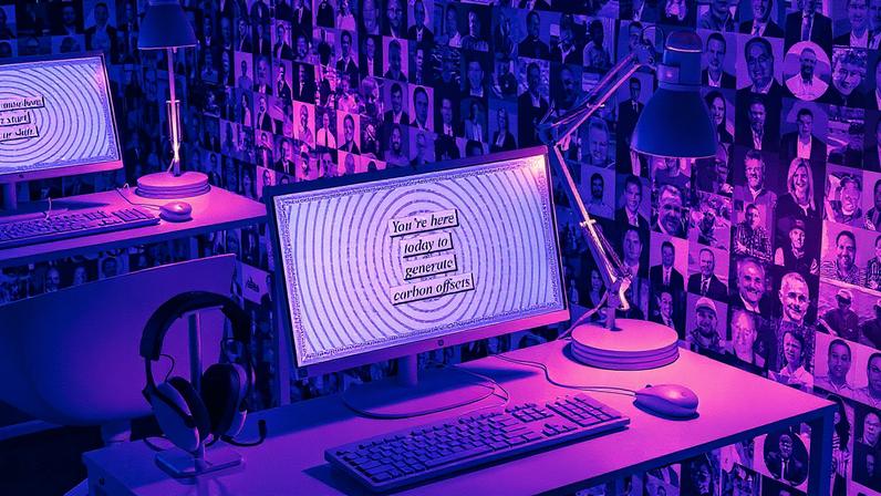 Installation view of Tega Brain and Sam Lavigne: How To Get To Zero at Pioneer Works featuring Tega Brain and Sam Lavigne, Cold Call, 2023 Courtesy of the artists and Pioneer Works. Photo by Dan Bradica Studio