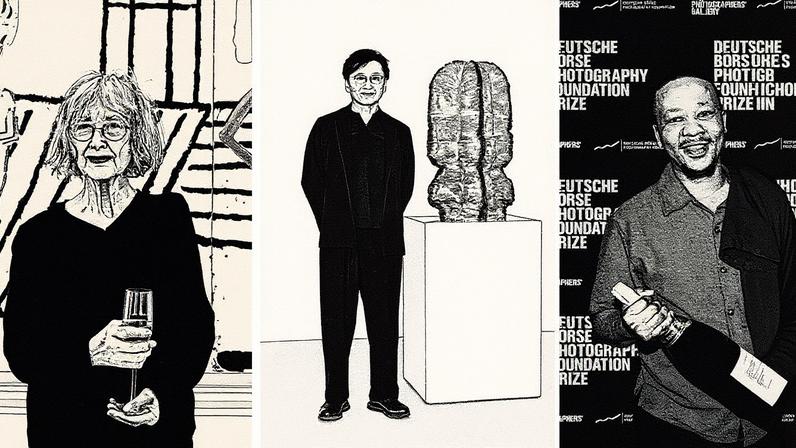 Left to right: Rose Wylie, won the John Moores Painting Prize in 2014 aged 80; Kunimasa Aoki, the 2025 winner of the Loewe Craft Prize; Lindokuhle Sobekwa, winner of the Deutsche Börse Photography Foundation Prize this year