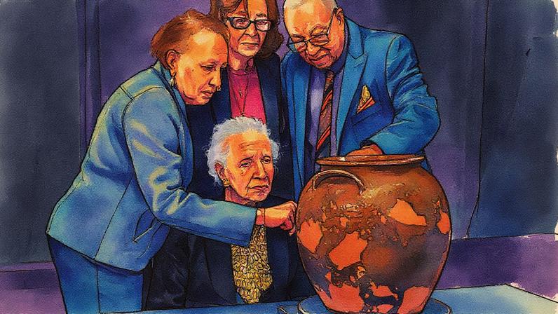 Pauline Baker, Daisy Whitner, John Williams and Priscilla Williams Carolina, descendants of the artist David Drake, at the Museum of Fine Arts, Boston, with one of the artist’s works, Jar (1857) Artwork: Ethically borrowed from the Dave the Potter Legacy Trust LLC, established for the benefit of the artist's descendants. Photo: © Museum of Fine Arts, Boston