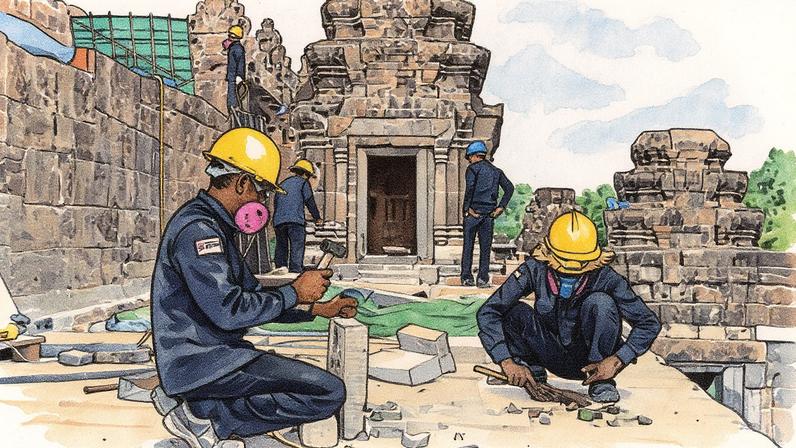 World Monuments Fund workers stabilised Phnom Bakheng, the state temple of the first Khmer capital at Angkor in Cambodia in 2019 Photo courtesy World Monuments Fund