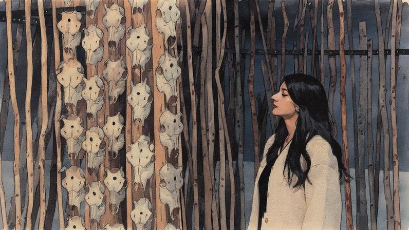 Máret Ánne Sara with her Turbine Hall commission’s Geabbil element, which forms a labyrinth that mimics the breath-heating structure of a reindeer’s nose Photo © Tate (Sonal Bakrania)