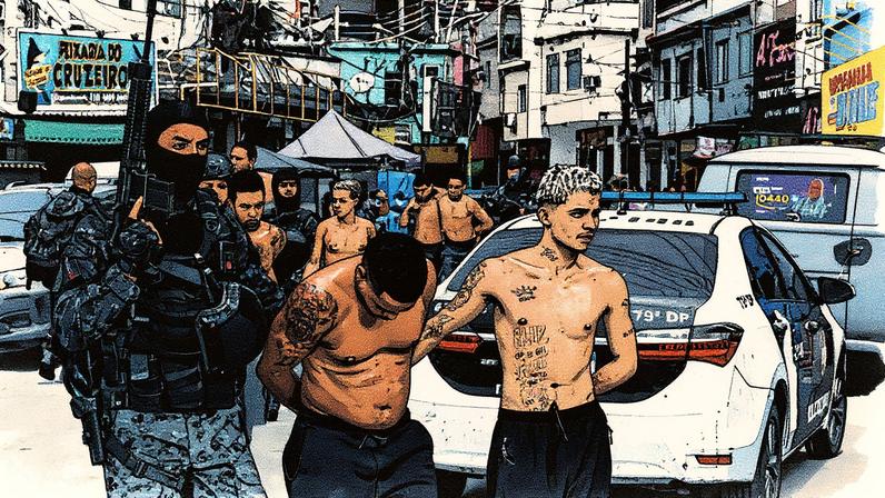 Policiais conduzem suspeitos presos durante megaoperação contra o Comando Vermelho em 28 de outubro. (Foto: Antonio Lacerda/EFE)