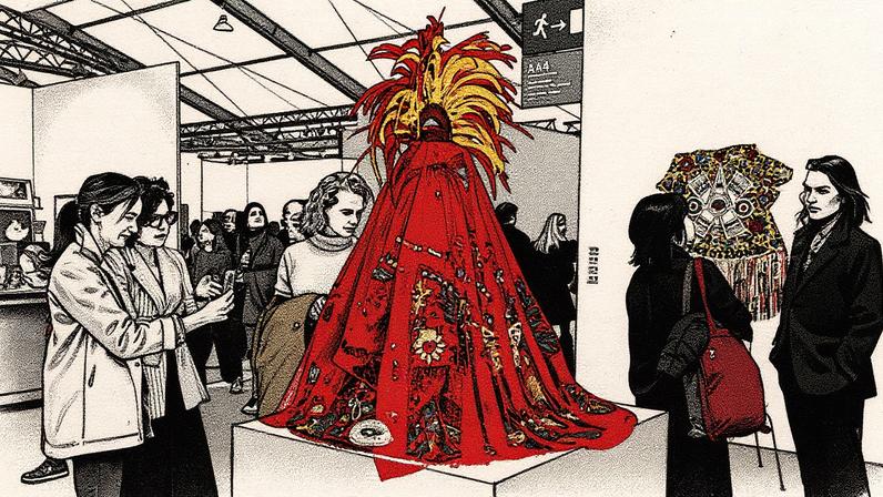 René Treviño's Regalia, Moscas Brillantes (Rojo) (2025), the centrepiece of his solo presentation at Frieze London, is adorned with red feathers, lace and rhinestones