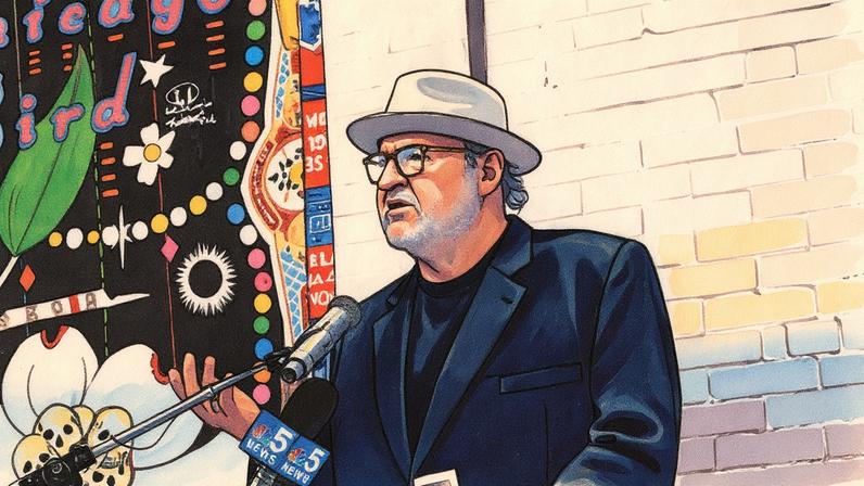 Tony Fitzpatrick during the unveiling of his murals for the College of DuPage Public Art Project in 2021 Photo by College of DuPage Newsroom, via Flickr