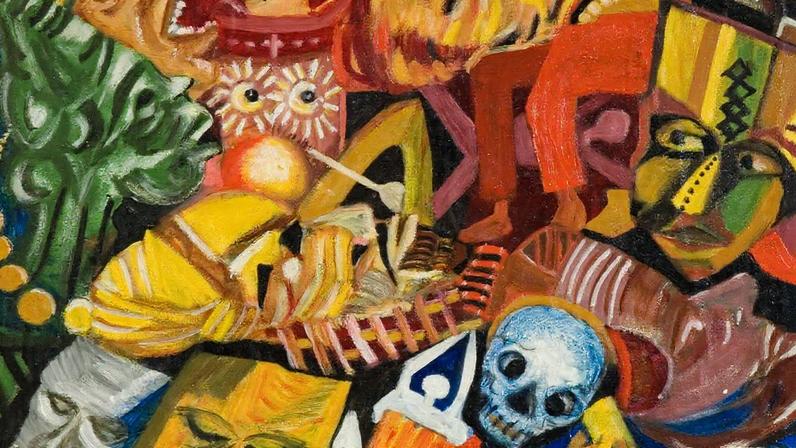 Artist Uche Okeke created his exuburant Fantasy and Masks around 1960, when Nigeria gained its independence Photo: courtesy of Research and Cultural Collections University of Birmingham; © The Prof Uche Okeke Legacy Limited and Asele Institute