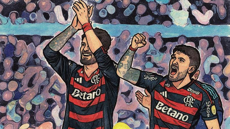 Léo Pereira e Arrascaeta comemoram classificação do Flamengo para final da Libertadores (Foto: Juan Mabromata/AFP)