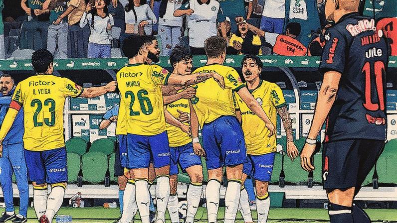 Jogadores do Palmeiras comemoram gol sobre o Bragantino (Foto: Marcello Zambrana/AGIF)