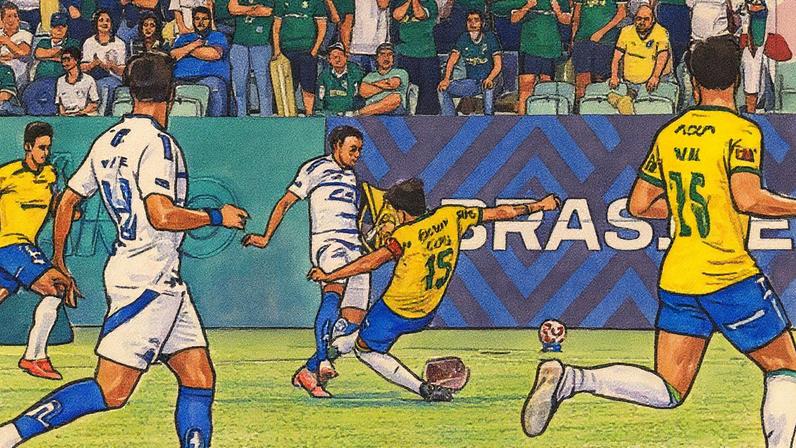 No início do jogo no Allianz Parque, Gustavo Gómez, do Palmeiras, acerta a canela direita de Wanderson, do Cruzeiro (Reprodução CBF TV)