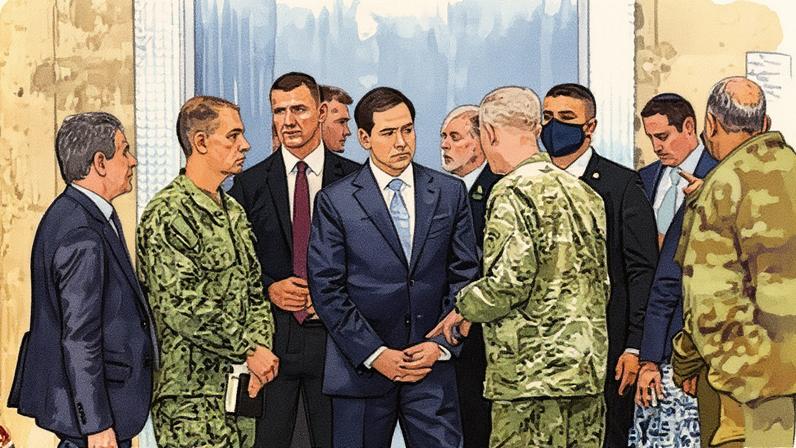 Marco Rubio (en el centro), este viernes en el centro de coordinación del alto el fuego, en el sur de Israel.