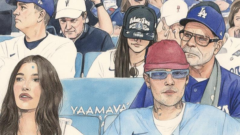 Justin Bieber and Hailey Bieber at game three of the World Series between the Toronto Blue Jays and the L.A. Dodgers on Oct. 27, 2025 in Los Angeles, CA.