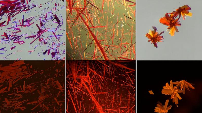 MIT chemists have created a fluorescent, boron-containing molecule that is stable when exposed to air and can emit light in the red and near-infrared range. The dye can be made into crystals (shown in these images), films, or powders. The images at top were taken in ambient light and the images at bottom in UV light.