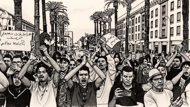 Concentración de jóvenes marroquíes, este jueves ante la sede del Parlamento en Rabat.