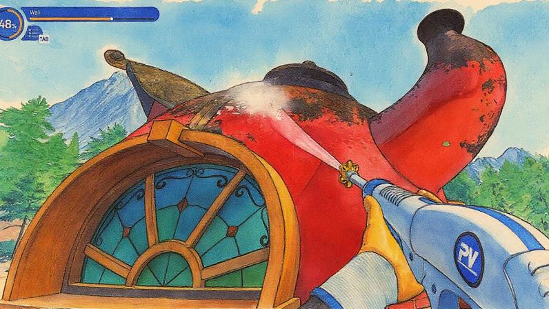 Washing a giant teapot house.