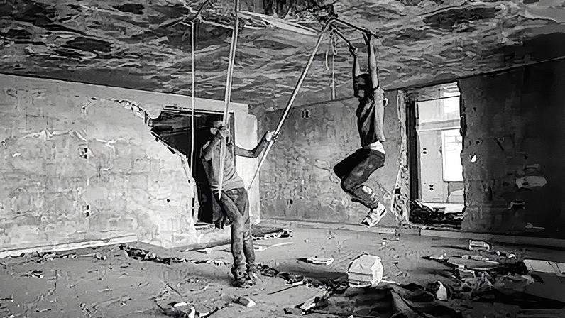 Ahmad y Basel, dos niños recolectores de chatarra, juegan en un edificio destrozado del extrarradio de Damasco durante un descanso de su trabajo.