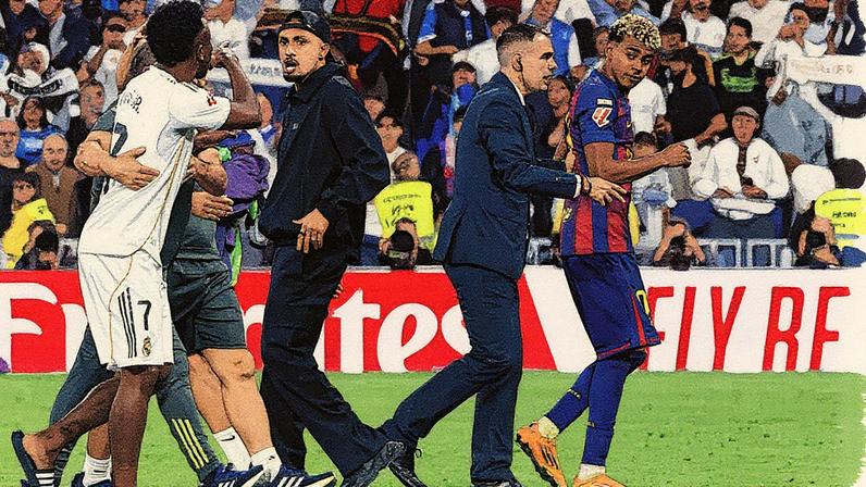 Vini Jr discutindo com Raphinha e Yamal (Foto; Oscar del Pozo/AFP)