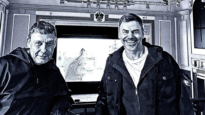 The artist duo Elmgreen & Dragset, in front of their collaboration with Prada Mode for Frieze