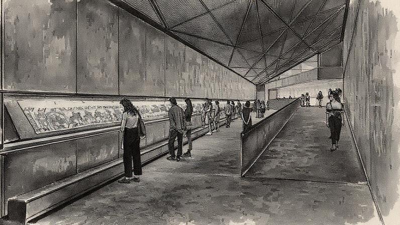 A rendering of how the Bayeux Tapestry Museum, following a €38m renovation and enlargement, will display its famed work in a continuous length, at a 60-degree angle from the horizontal, when it reopens in October 2027. Image: © RSHP