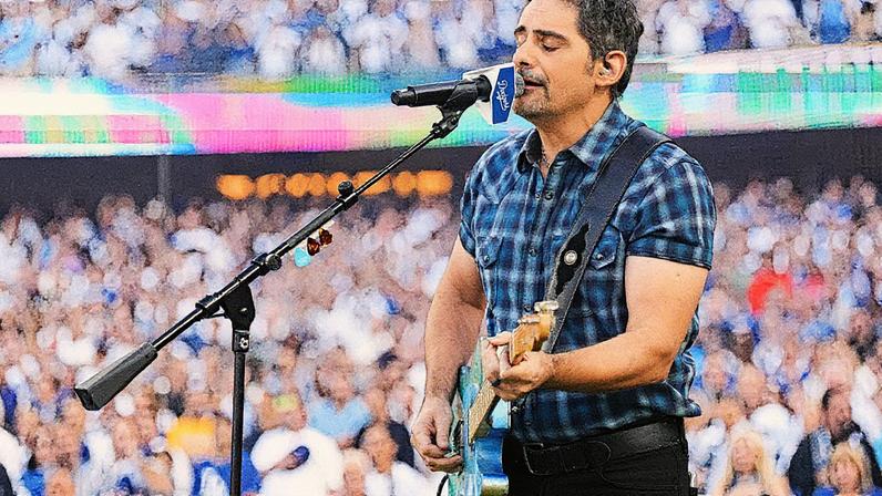 Brad Paisley sings the national anthem prior to Game 3 of the World Series between the Toronto Blue Jays and the L.A. Dodgers on Oct. 27, 2025 in Los Angeles, CA.