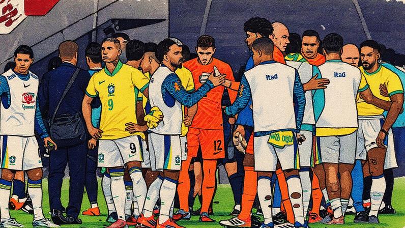 Jogadores do Brasil se reúnem ao final do amistoso internacional contra o Japão, no Estádio de Tóquio (Foto: Yuichi Yamazaki/AFP)