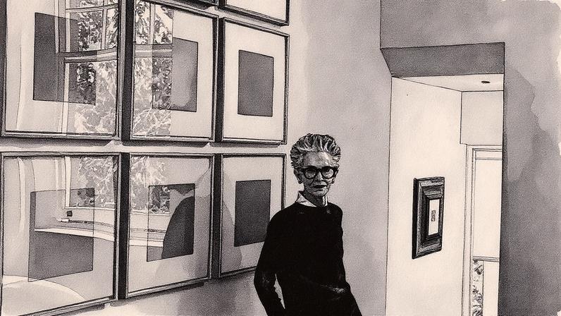 Catherine Walsh with her complete portfolio of 12 screenprints of Josef Albers’ Gray Instrumentation II (1975)