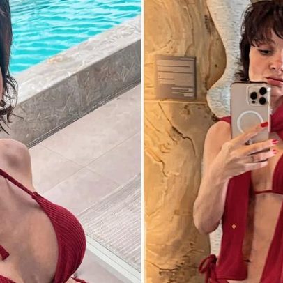 Maiara exibe barriga chapada em biquíni vermelho no Rio