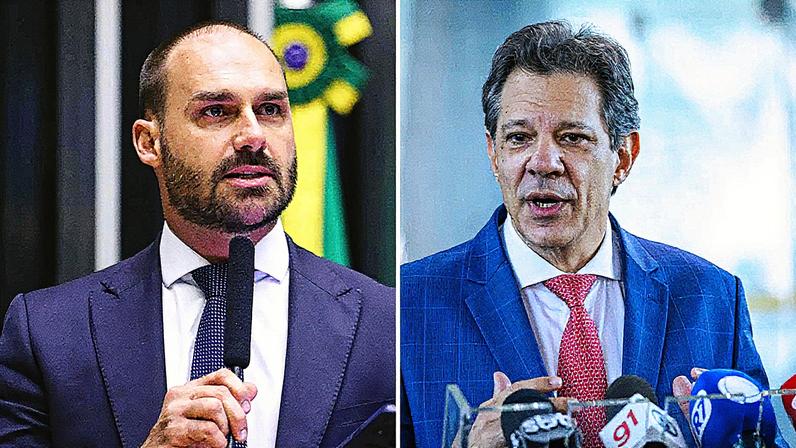 Pesquisa para o Senado por São Paulo mostra Eduardo Bolsonaro e Fernando Haddad na frente. (Foto: Fotomontagem Gazeta do Povo (Zeca Ribeiro/Câmara dos Deputados e Diogo Zacarias/Ministério da Fazenda))
