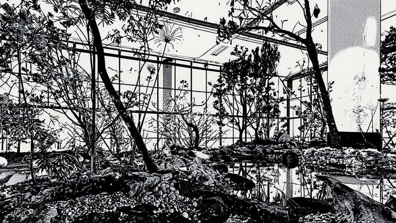 An installation view of Precious Okoyomon’s Sun of Consciousness. God Blow Thru Me – Love Break Me (2025), which shows moss-covered earth, waterfalls and other organic elements that evoke a region of Brazil that has been widely deforested