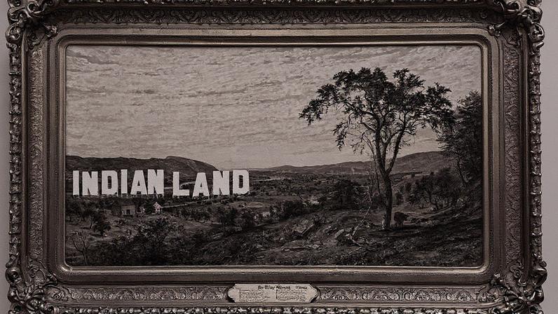 Nicholas Galanin, NEVER FORGET Valley of Wyoming (2021) digitally overlaid on Jasper Francis Cropsey's Valley of Wyoming (1865) at the Metropolitan Museum of Art Courtesy the artist and Amplifier