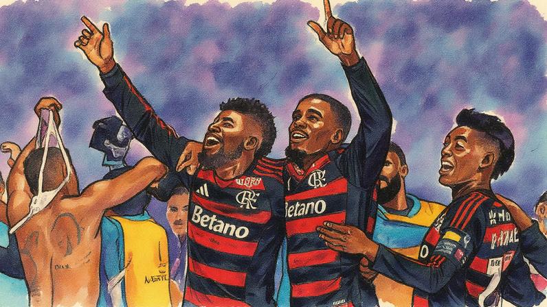 Jogadores do Flamengo comemoram fim da semifinal da Libertadores contra o Racing, na Argentina (Foto: Juan Mabromata/AFP)