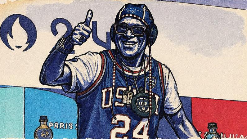 Flavor Flav speaks during a Team USA Water Polo press conference at 2024 Olympics