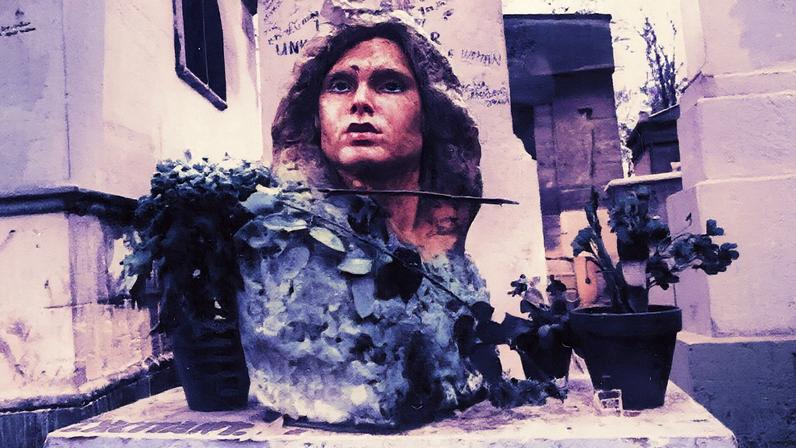 A 1982 photo of the bust at Jim Morrison's grave in Père Lachaise cemetery in Paris.