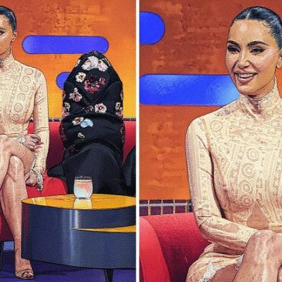 Kim Kardashian usa vestido de látex e renda no programa de Graham Norton