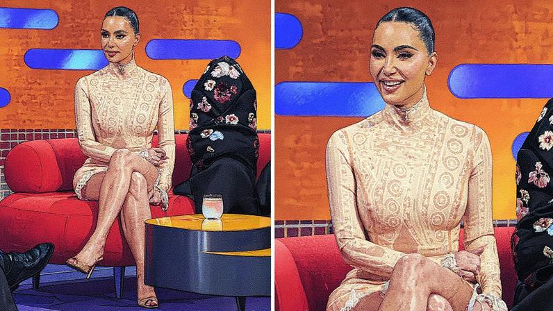 Kim Kardashian wore a nude latex and white lace Dilara Findikoglu dress on “The Graham Norton Show” Friday, her fourth look from the designer this week. Ian West/PA Images/INSTARimages