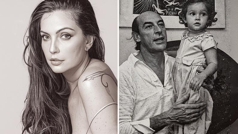 Maria Cortez atualmente (à esquerda); Maria Cortez na infância com o pai, Raul Cortez (à direita) — Foto: @riginik e Reprodução/Instagram