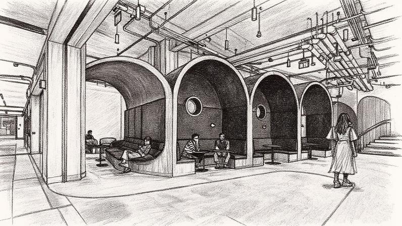 Caption: New vaults, situated just off of the Infinite Corridor in Building 11, provide a unique space for students to take a break between classes, chat with friends, or get a little work done. The vaults were fabricated in New Hampshire.