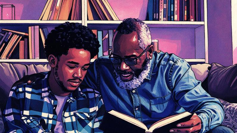 Pai educando o filho com base na Palavra de Deus. Foto: Freepik