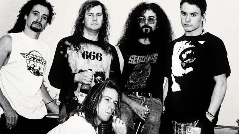 Faith No More (from left): Mike Patton, Roddy Bottum, Mike Bordin, Billy Gould, Jim Martin. At the Pukkelpop Festival in Belgium in 1990.