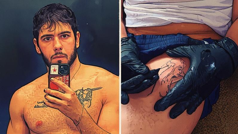 Filho de Alessandra Negrini e Murilo Benício tatua a própria perna com técnica milenar; vídeo — Foto: Reprodução/Instagram